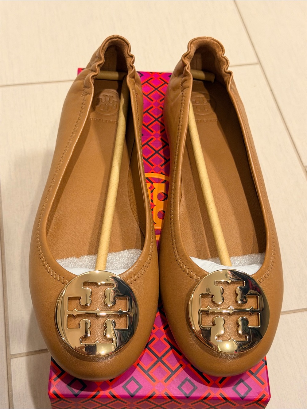 Tory Burch Tan Leather Minnie Travel Ballet Flats